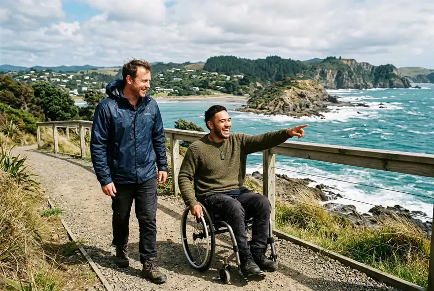 A young man in a wheelchair and his support worker laughing on a coastal walkway