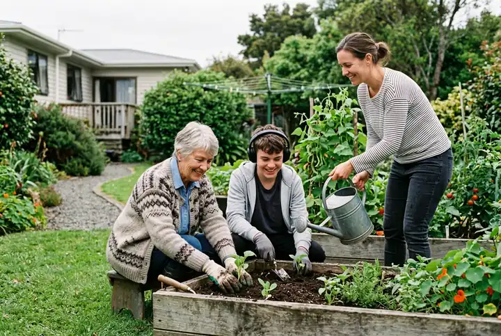 A grandmother and her teenage grandson planting seedlings while a support worker hands them a watering can