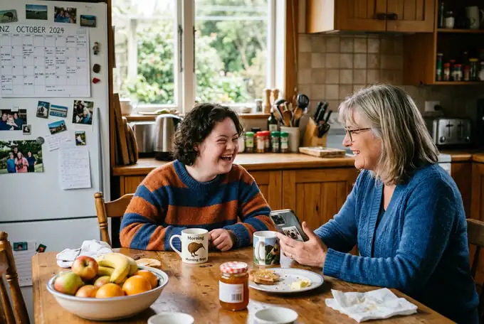 A young woman laughing with her mum at the kitchen table over breakfast