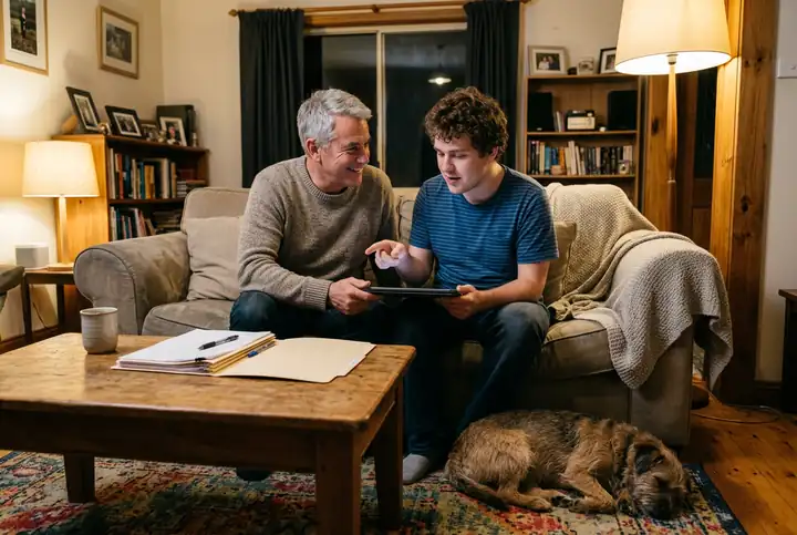 A father and his adult son on the couch reviewing something on a tablet together