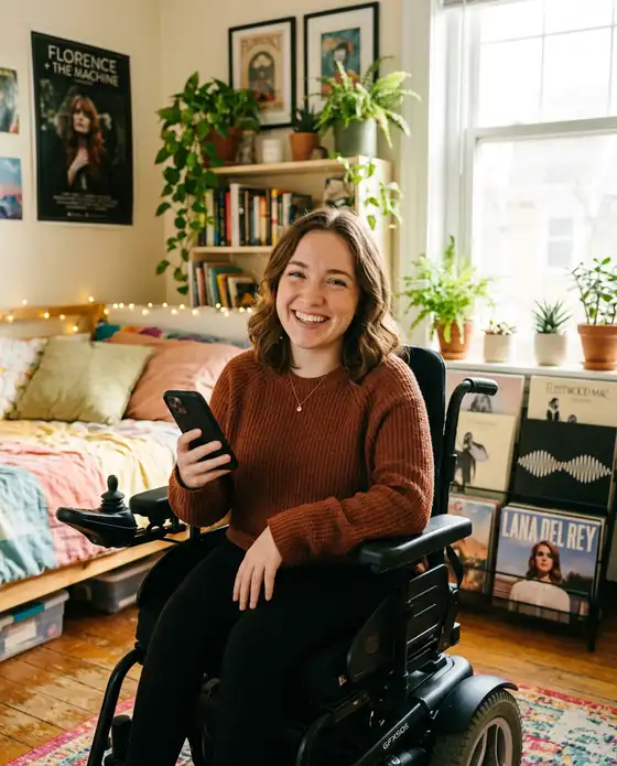 A young woman in a power wheelchair smiling in her own bedroom, phone in hand