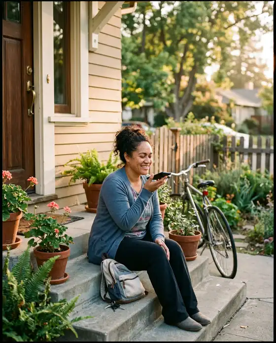 A support worker on the front steps after a visit, speaking a quick note into her phone